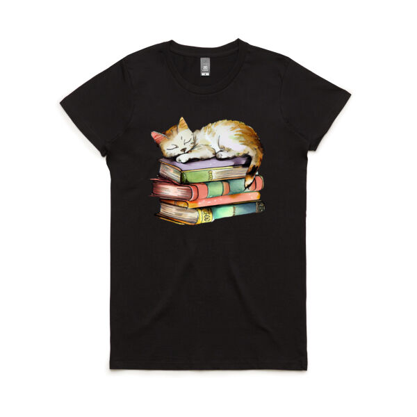 Cat on Books Sleeping - Women's Maple Tee Thumbnail